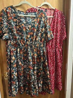 SHEIN Floral V-Neck Dresses  in Teal/Orange flowers & Red/White splash
